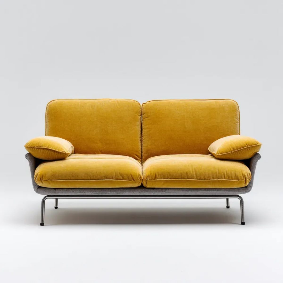 Sofa, 2 fotela w sofie z żółtej musztardy i ciemnoszarej aksamitu z podstawą ze stali, 160 x 85 x 82 cm