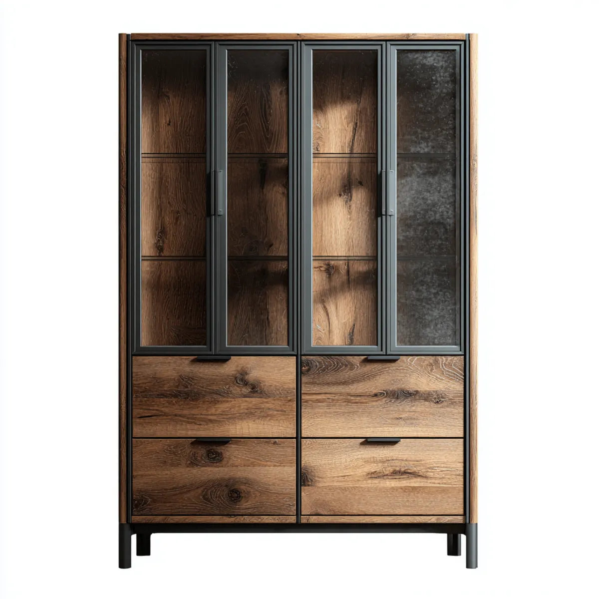 Witryna, Prostokątny, czarny i brązowy szklany top z 4 szklanymi drzwiami i 4 szufladami 100 x 40 x 200 cm dębu fornirowanego MDF
