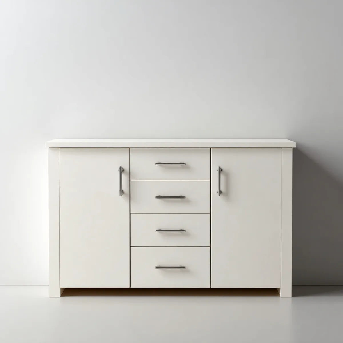 Witryna, Biała płyta boczna salonu 160 x 40 x 90 cm w prostokątnej melaminie z 2 drzwiami i 4 szufladami