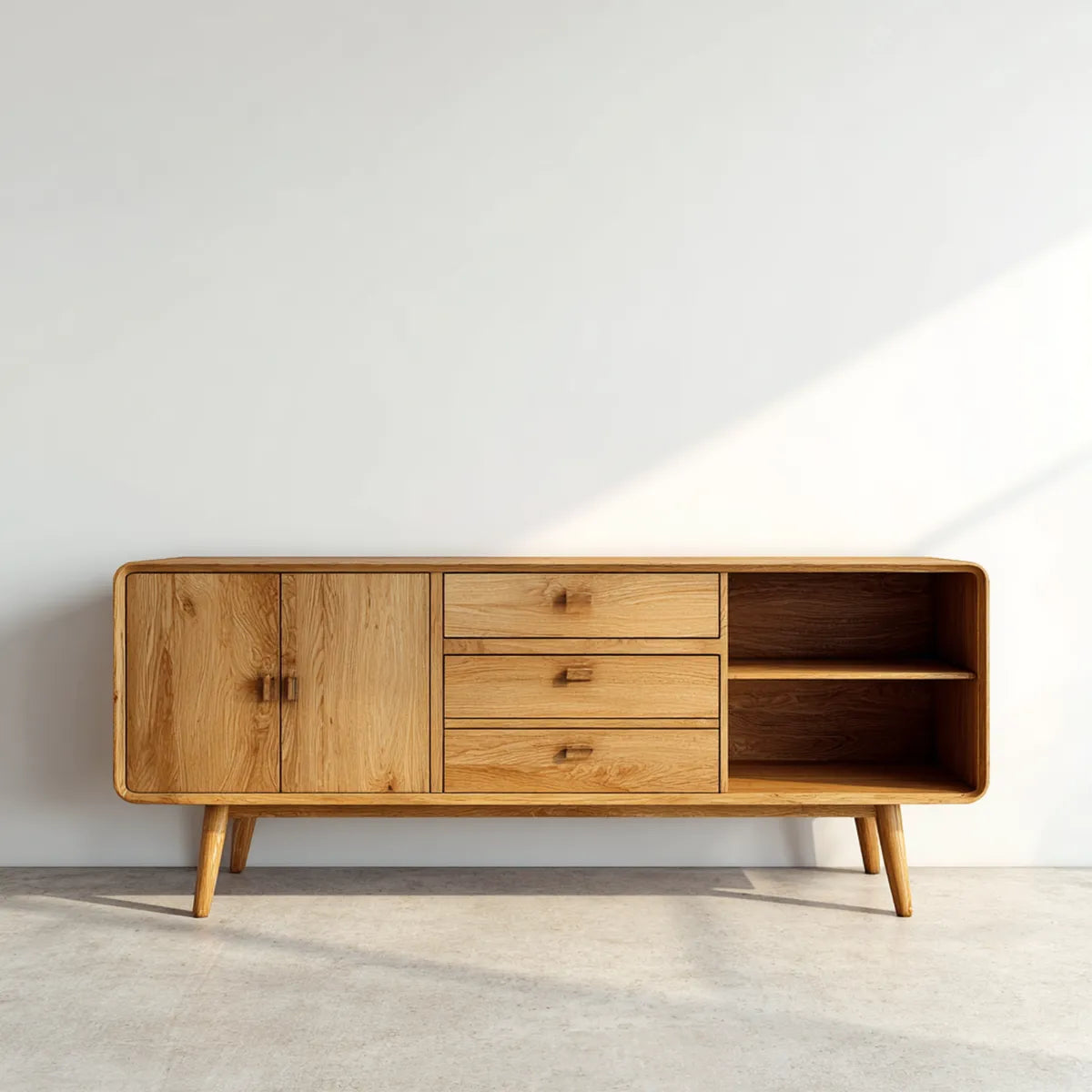Witryna, Salon z deską boczną w dębie naturalnym z 2 drzwiami 3 szuflady i 2 otwarte komory 180 x 45 x 75 cm prostokątne