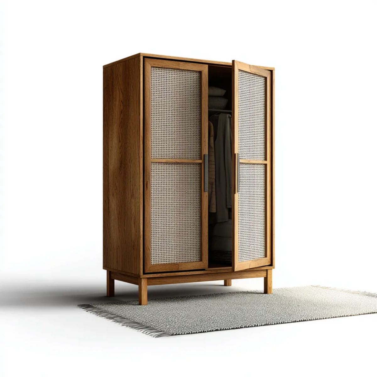 Szafa, Wnętrze Szafa 2-drzwiowa w dębie i beżowy rattan 100 x 55 x 180 cm