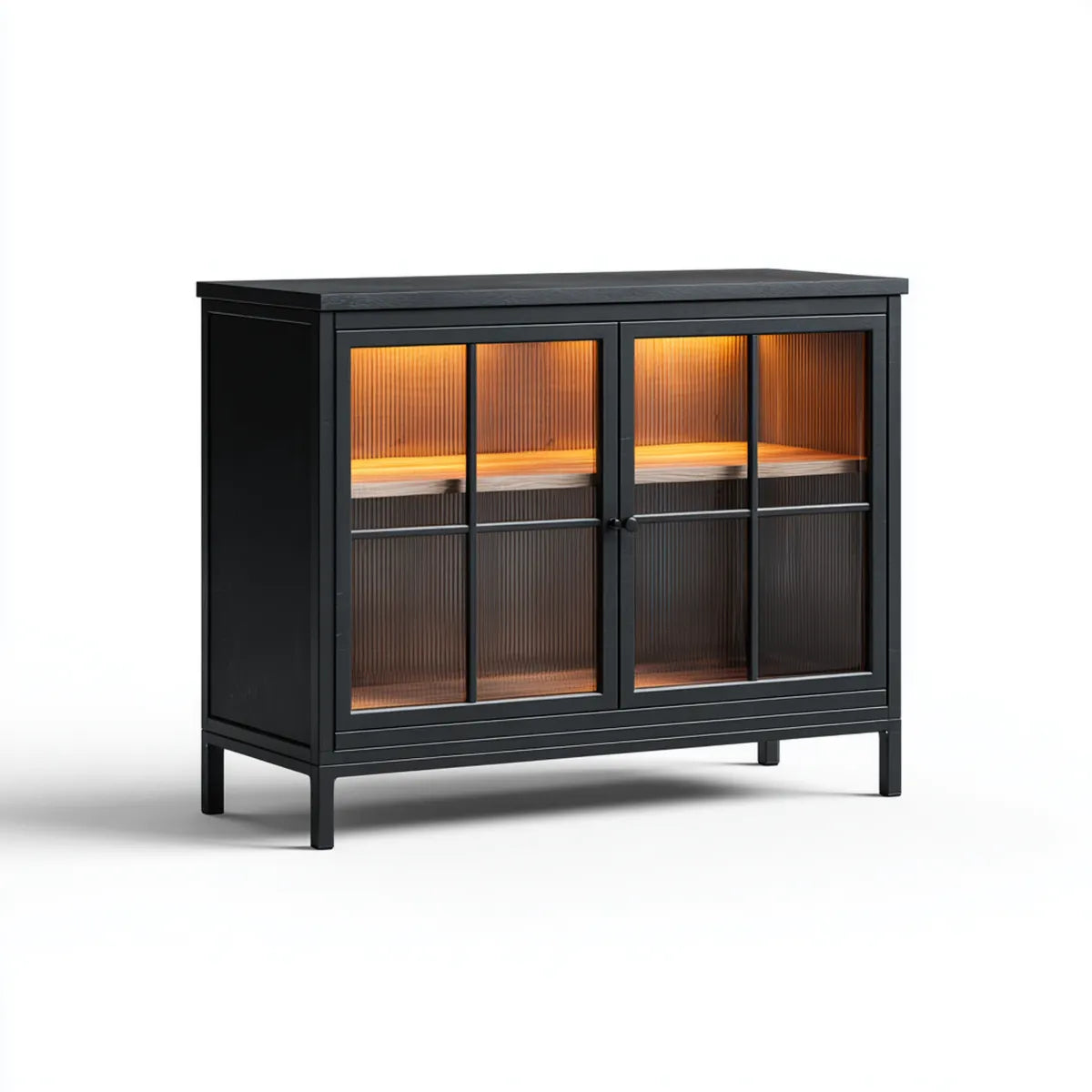 Witryna, Czarna salon szkło z drzwi szklanych wyłożone oświetlenie LED 120 x 40 x 95 cm w MDF i szkło hartowane