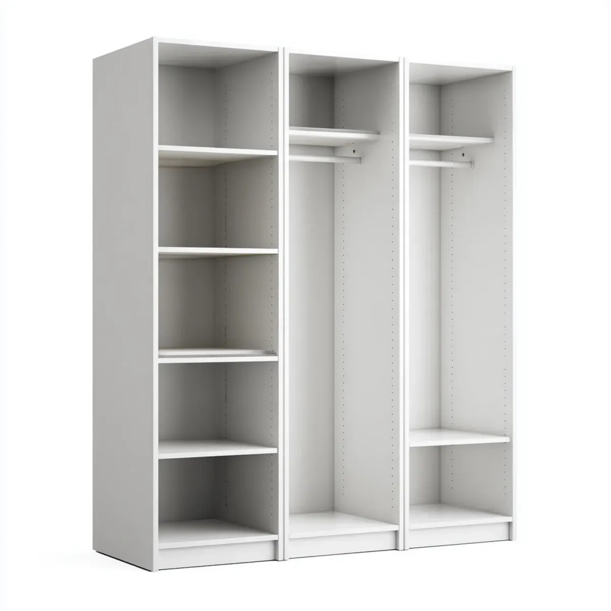 Szafa, Otwórz szafa 3-częściowa biały 300 x 58 x 236 cm płyta wiórowa z 7 intarsetami i 2 sztangi na ubrania