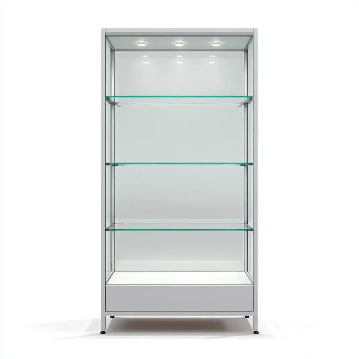 Witryna, Srebrna szafa na wyświetlacze ze szkła hartowanego i prostokątnego aluminium 80 x 40 x 180 cm z 3 półkami i oświetleniem LED