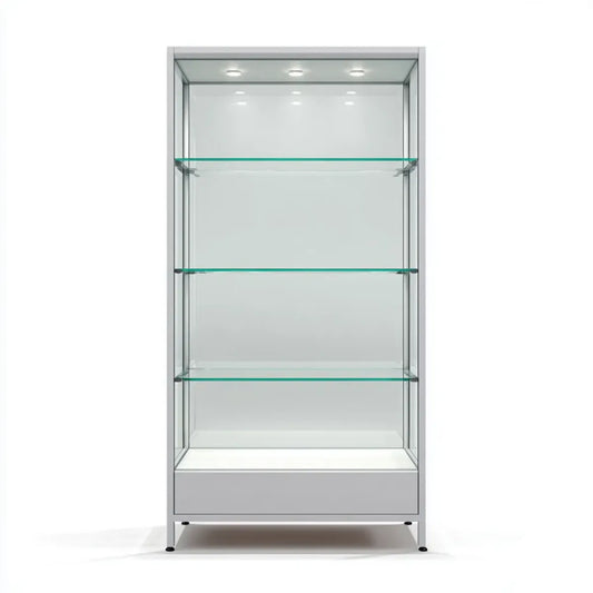 Witryna, Srebrna szafa na wyświetlacze ze szkła hartowanego i prostokątnego aluminium 80 x 40 x 180 cm z 3 półkami i oświetleniem LED