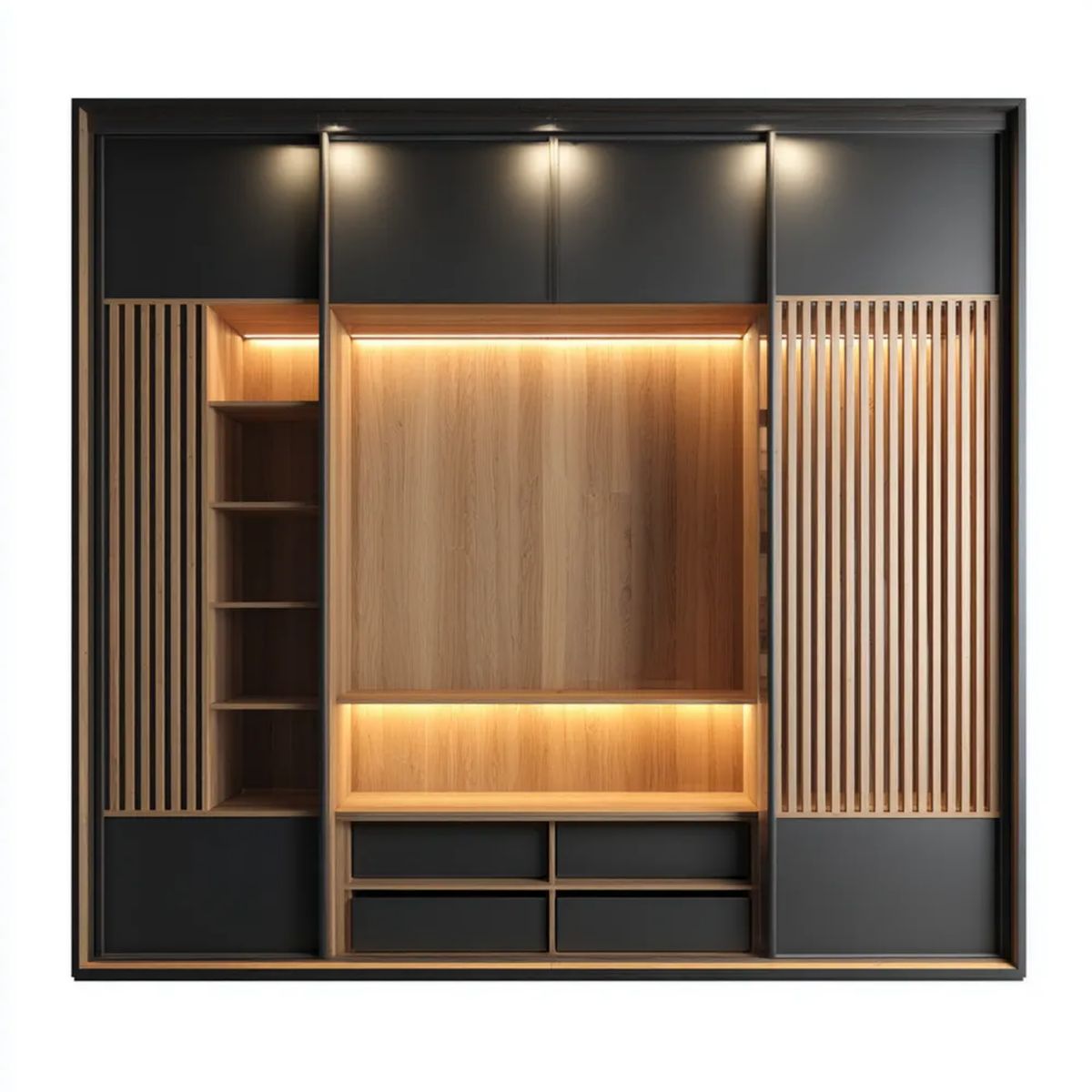 Szafa, Prostokątny drewniany i czarny delikwent metalowy / lekki dąb delikwentny pokój 240 x 60 x 220 cm z 4 szufladami i LED oświetlenie